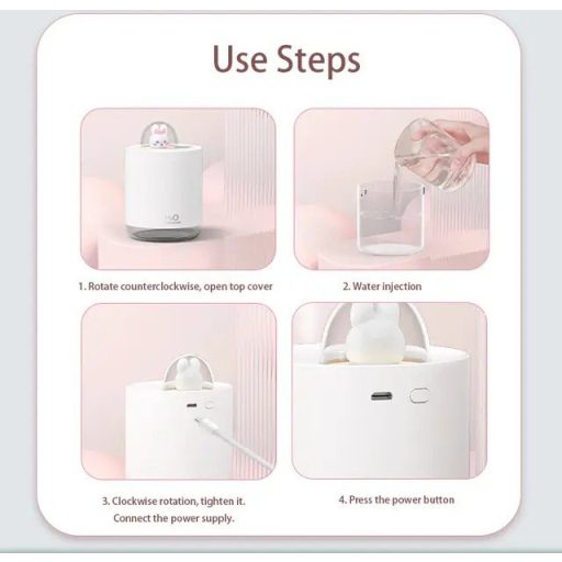 H2O Nyuszis Párásító Led világítással  300ML Fehér