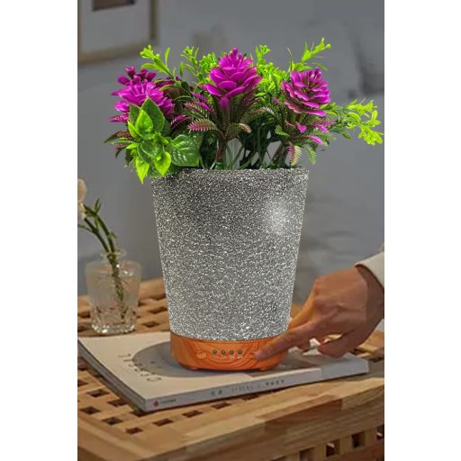 Virágcserép formájú Diffúzor/Párásító  Lila Mű Virággal, 7 színű Led fénnyel 