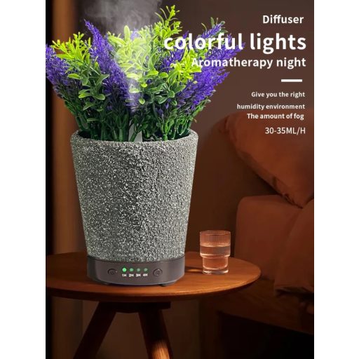 Virágcserép formájú Diffúzor/Párásító  Lila Mű Virággal, 7 színű Led fénnyel 