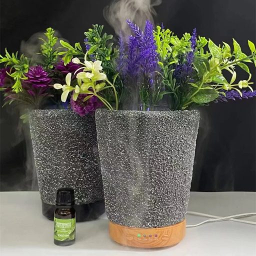 Virágcserép formájú Diffúzor/Párásító  Zöld Mű Virággal, 7 színű Led fénnyel 