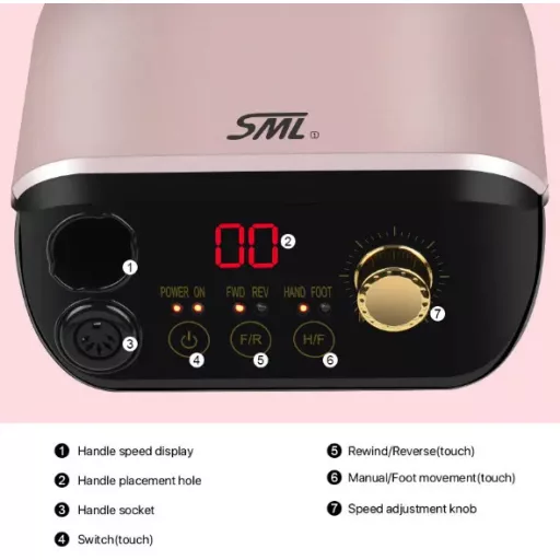 SML M1 Professzionális Műkörmös Csiszológép 35 000 RPM Pedállal és Csiszolófejekkel , Gold