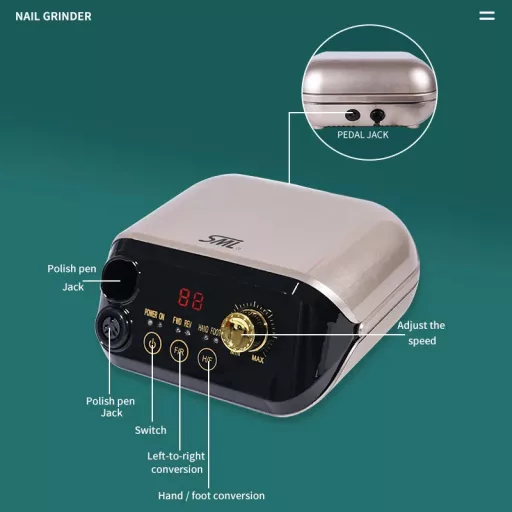 SML M1 Professzionális Műkörmös Csiszológép 35 000 RPM Pedállal és Csiszolófejekkel , Gold