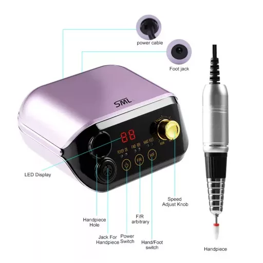 SML M1 Professzionális Műkörmös Csiszológép 35 000 RPM Pedállal és Csiszolófejekkel Rose Gold 