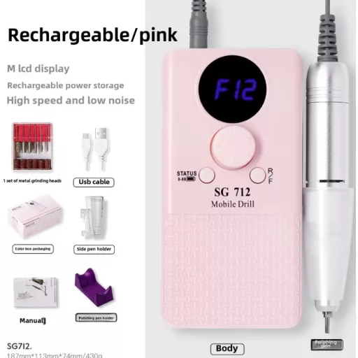 Akkumulátoros Professzionális Hordozható Műkörmös Csiszológép 45.000RPM  SG712 Pink
